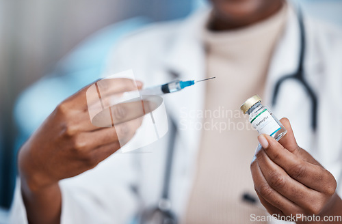 Image of Monkeypox vaccine, needle or doctor hands with medicine bottle, healthcare vial or booster injection for disease protection. Hospital nurse, pharmacy pharmacist or black woman with virus immunization