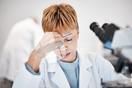 Image of Scientist with headache, stress and tired with woman, overworked with overtime for science breakthrough. Medical research, scientific innovation and senior female, burnout and migraine in lab