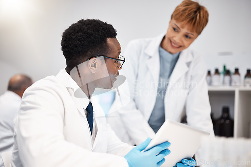 Image of Science team, research and people with tablet in laboratory for experiment, study and medical results. Healthcare, pharmaceutical and scientists talking with digital tech for vaccine data analysis