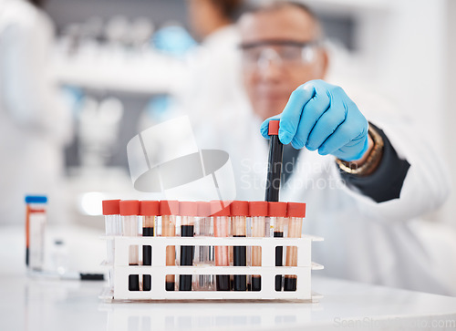 Image of Blood, research and hands of scientist in laboratory with sample for science, medical study and investigation. Healthcare, pharmaceutical and old man with vial for dna test, biology and rna analysis