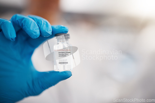 Image of Hands, mockup and smallpox vaccine in a hospital with a doctor holding a bottle of treatment or cure. Healthcare, medical and research with a medicine professional working in a laboratory