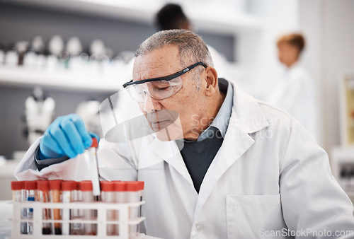 Image of Blood, science and senior man in laboratory with sample for research, medical study and forensic investigation. Healthcare, pharmaceutical and scientist with vial for dna test, biology and rna exam