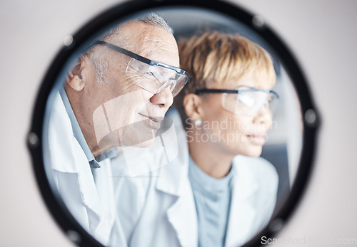 Image of Science, research and team in laboratory incubator window for experiment, study and medical results. Healthcare mockup, biotechnology and scientists with safety glasses for virus, sample and analysis