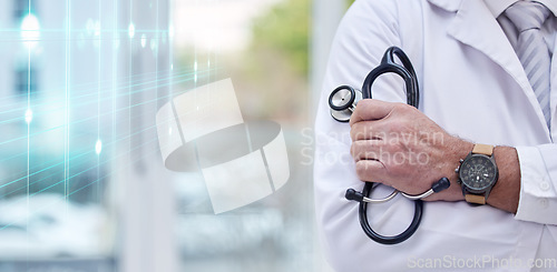 Image of Doctor, arms crossed or stethoscope in hand on hospital mockup for futuristic healthcare, wellness or life insurance support. Zoom, man or confident medical for cardiology on 3d overlay abstract