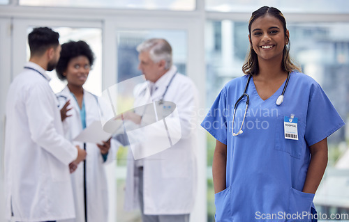 Image of Woman, portrait or nurse in hospital internship, about us or medical collaboration for medicine treatment, trust or life insurance. Smile, happy or healthcare worker and doctors diversity in teamwork