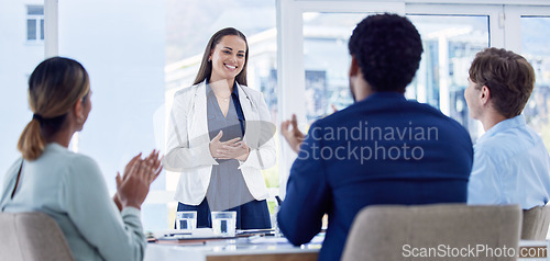 Image of Business people, presentation in meeting with applause and speaker, support and team work, diversity in conference room. Collaboration, leadership and motivation with happy group, success and pride