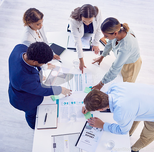 Image of Teamwork, top view and business people in meeting with documents, paperwork and financial report. Collaboration, office and group of workers with infographics, annual review and graphs for planning