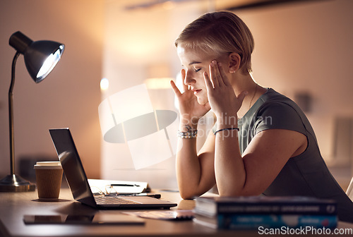 Image of Stress, business woman headache and computer work at night in a office with project report deadline. Working in dark, anxiety and burnout of a worker with a laptop problem and glitch feeling tired