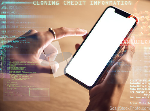 Image of Woman, hands or phone screen of hacking information, phishing mockup or abstract coding overlay in night office. Zoom, programmer or developer on mobile technology, virus software or 3d fintech risk