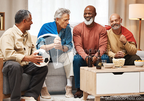 Image of Senior, friends or watching soccer with beer on table in bonding or debate on sports in France, Paris. Happy elderly French people with flags or popcorn for a fun match game together at home together