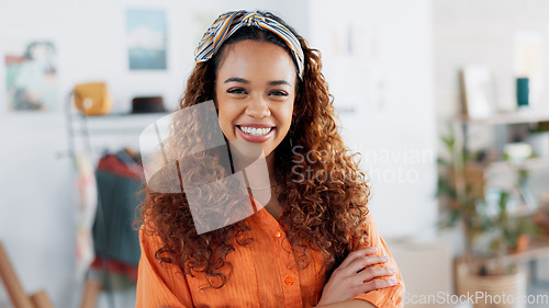 Image of Happy, portrait and woman in fashion design, retail and ecommerce business at workshop or store. Face, smile and business owner with arms crossed and pride in her creative clothes at a small business