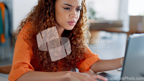 Image of E commerce, work problem and person thinking of supply chain issue, delivery distribution error or shipping mistake. Ecommerce, 404 and black woman contemplate solution for laptop software glitch