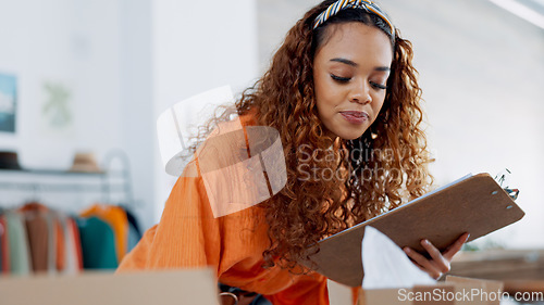 Image of Entrepreneur, stock taking and woman with clipboard for small business, working and check package with inventory. Young business owner, retail and workshop, writing and prepare for delivery.