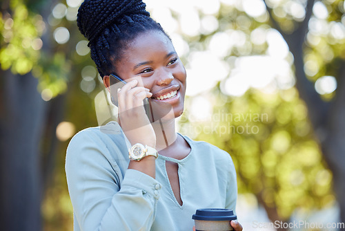 Image of Black woman smile, phone communication and morning outdoor with blurred background and laughing. Happy, networking and business employee on a work break on mobile conversation and discussion by trees