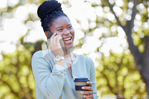 Image of Black woman laugh, phone conversation and morning outdoor with blurred background and planning. Smile, networking and business call on a work break on mobile communication and discussion by trees