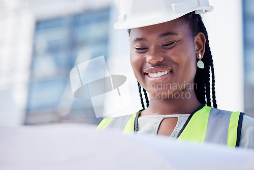 Image of Black woman, architect and blueprint for building at a construction site, happy and positive mindset. Engineer, project manager and lady worker with paper, plan and idea for innovation or renovation