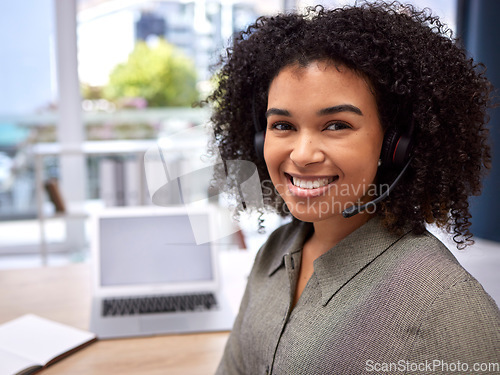 Image of Portrait, video call and remote work with a business black woman using a headset for communication. Virtual meeting, networking and contact with an attractive young female working remotely from home