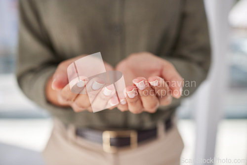 Image of Hands, open and ask by business person begging for support, aid and help in an office for charity due to poverty. Closeup, compassion and employee palms for donation or kindness in a workplace