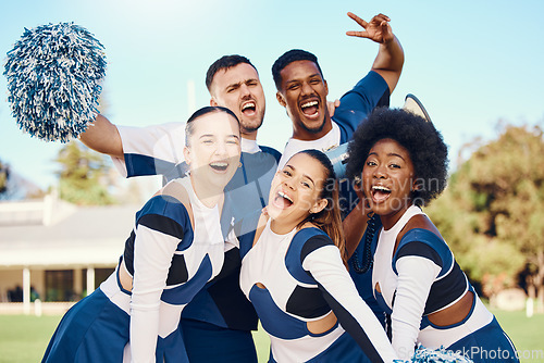 Image of Portrait, team and cheerleaders with sports, excited and celebration on field, achievement and happiness. Face, group and people with joy, fitness and smile for win, victory and success with targets