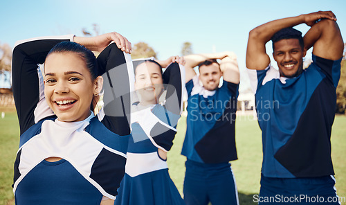 Image of Cheerleader training or portrait of team stretching on a outdoor stadium field for fitness exercise. Cheerleading group, sports workout or happy people game ready for cheering, match or campus event