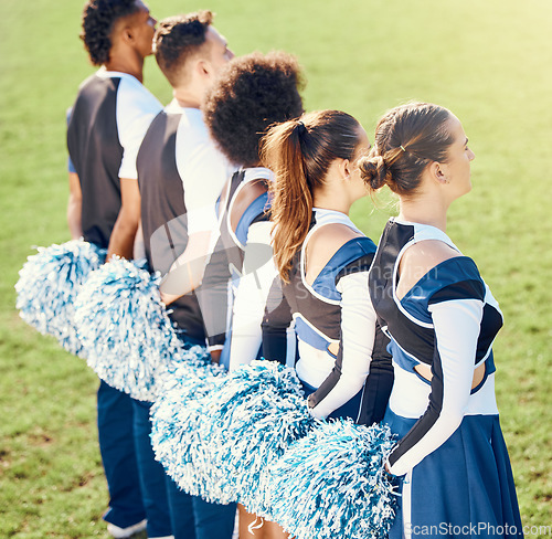 Image of Cheerleader exercise, line and students in cheerleading uniform on outdoor field. Athlete group, college sport collaboration and game cheer prep ready for cheering exercise, stunts and team training