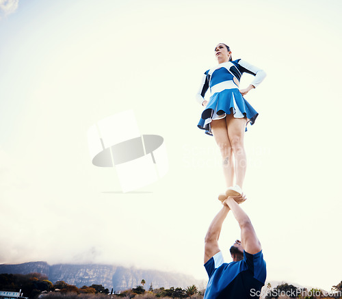 Image of Cheerleading, sport lift and mockup outdoor for on cheer camp with exercise and fitness. Students, air pose and strong male athlete doing training and workout with cardio and mock up in nature