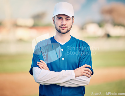 Image of Sports, baseball and portrait of man on field ready for game, practice and competition with confident mindset. Fitness, wellness and male athlete outdoors for exercise, training and workout for match