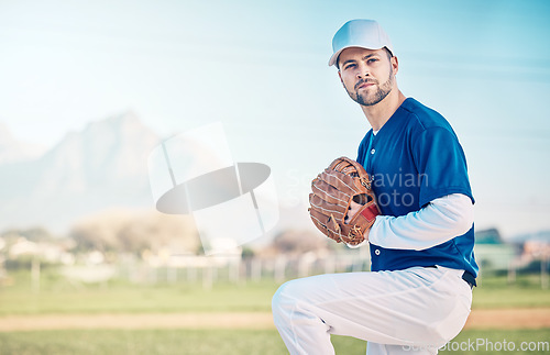 Image of Sports athlete, baseball field and man focus on competition mock up, practice match or pitcher training workout. Softball, grass pitch and mockup player doing fitness, exercise or pitching challenge