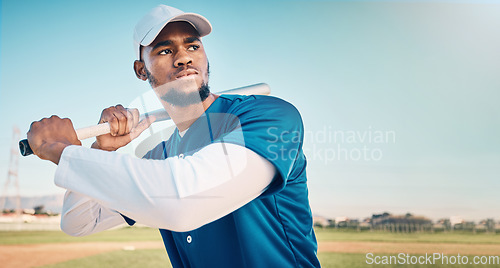 Image of Baseball focus, athlete and fitness of a professional player from Dominican Republic outdoor. Sport field, bat and sports gear of a man doing exercise, training and workout for a game with mockup