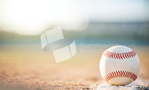 Image of Sports, field and mockup with a baseball on the ground during a comeptitive game outdoor during summer. Fitness, exercise and a leather ball outside, ready for a match or training workout