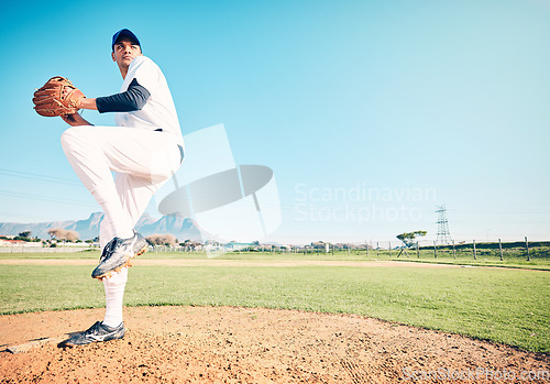 Image of Sports athlete, baseball field or man throwing in competition mock up, practice match or pitcher training workout. Softball, grass pitch or mockup player doing fitness, exercise or pitching challenge