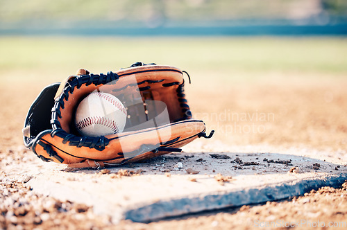 Image of Sports, baseball and ball in glove on field ready for game, practice and competition outdoors. Fitness mockup, sport copy space and softball equipment on ground for exercise, training and workout