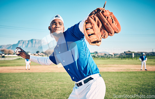 Image of Sports, pitching and fitness with man on field for throwing, workout or training for competition match. Cardio, exercise and strike with athlete playing in stadium for game, practice or action