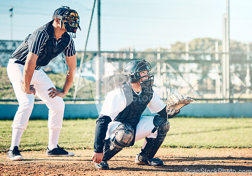 Image of Sports, baseball and umpire with man on field for fitness, pitching and championship training. Workout, catcher and exercise with athlete playing at stadium for competition match, cardio and league