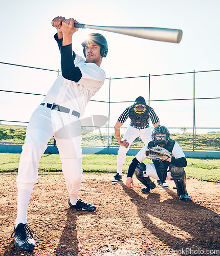 Image of Sports, baseball and team with in action on field ready for playing game, practice and competition. Fitness, motivation and male athletes outdoors for exercise, training and workout for sport match