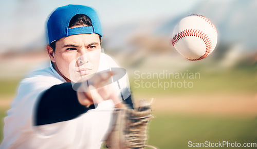 Image of Throwing, sports and fitness with man and baseball on field for pitching, training and competition. Action, speed and exercise with athlete and practice in stadium for workout, wellness and strike