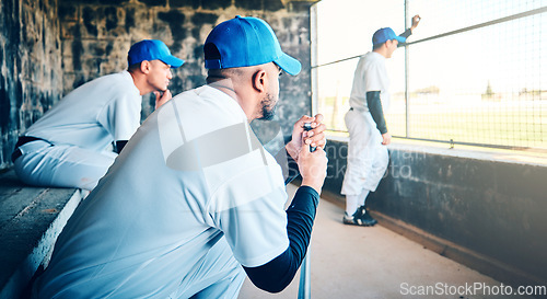 Image of Baseball, watching game and men with fitness, club uniform and focus with healthy lifestyle. Male athletes, players and team with confidence, motivation and waiting on bench to play and teamwork