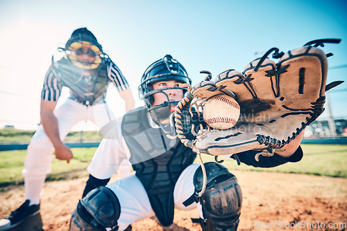 Image of Baseball, players and men on field, gloves and ball for competition, training and fitness. Mit, male athlete and guys outdoor, sportswear and workout for wellness, balance and healthy lifestyle