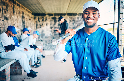 Image of Baseball player, black man portrait and sports stadium dugout with softball team at ball game. Training, exercise and motivation of a young athlete from Dallas with a smile for fitness workout