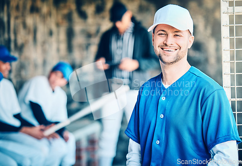 Image of Baseball player, portrait and field stadium dugout with softball team ready for ball game. Training, exercise and motivation of a young athlete from Los Angeles with a smile for fitness health