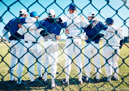 Image of Baseball, teamwork and back of men on field for competition, training and practice. Solidarity, support and fitness with group of friends playing in park stadium for sports, diversity and league game
