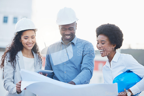 Image of Engineering, blueprint or funny team on construction site in collaboration for real estate development. Designers laughing, architecture meeting or black people planning a building renovation project