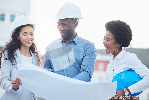 Image of Engineering, blueprint or happy team on construction site in collaboration for real estate development. Designers, architecture or business people planning a building renovation project in meeting