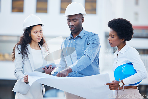 Image of Engineering, design or business people with blueprint on construction site building together for future innovation. Collaboration, team or employees talking or planning a development project strategy