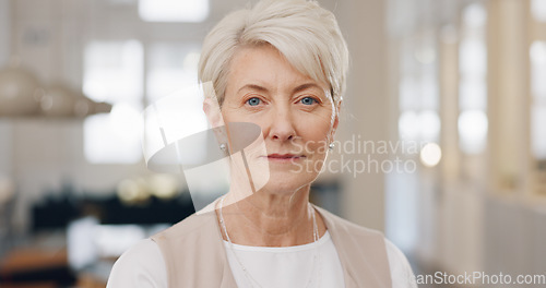 Image of Elderly woman, face and smile with arms crossed for corporate leadership, management or vision at office. Portrait of confident senior female CEO manager smiling with crossed arms for career startup