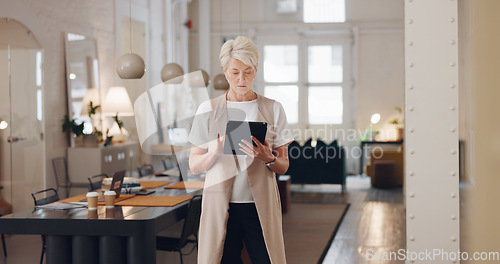 Image of Property, tablet or woman in real estate with digital marketing research for online advertising. Productivity, leadership or senior realtor networking or reading a house, home or apartment review