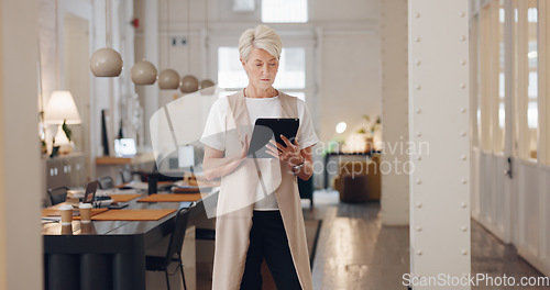 Image of Senior, woman and tablet for a creative agency with a boss or ceo planning with online research. Creativity, design agency and mature businesswoman with internet search for wifi and design news