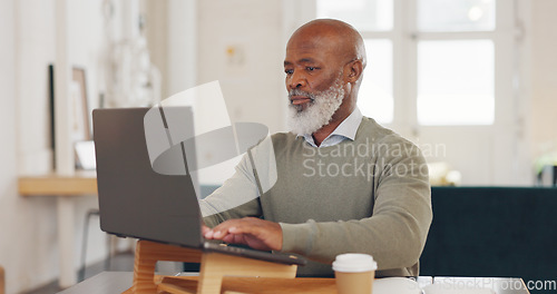 Image of Email, communication and black man with a laptop for networking, corporate planning and project management job. Typing, research and African employee with a pc for professional connection at work