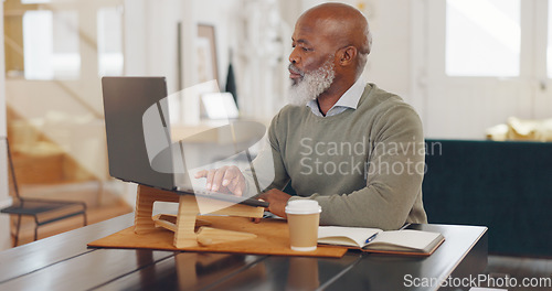 Image of Email, communication and black man with a laptop for networking, corporate planning and project management job. Typing, research and African employee with a pc for professional connection at work