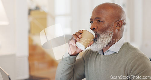 Image of Black man, laptop and coffee for remote work as freelancer while thinking, planning and working on strategy for small business vision and future. African entrepreneur with motivation in home office